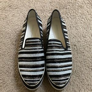 Black and white beaded platform loafers by Donald Pliner